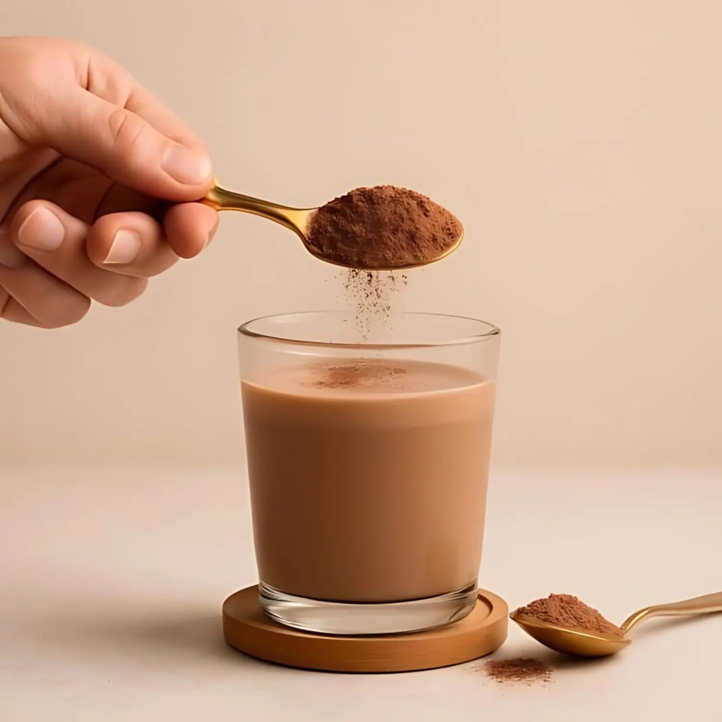Łyżeczka kakao dodawana do szklanki mleka – przygotowanie napoju czekoladowego z kakao w proszku