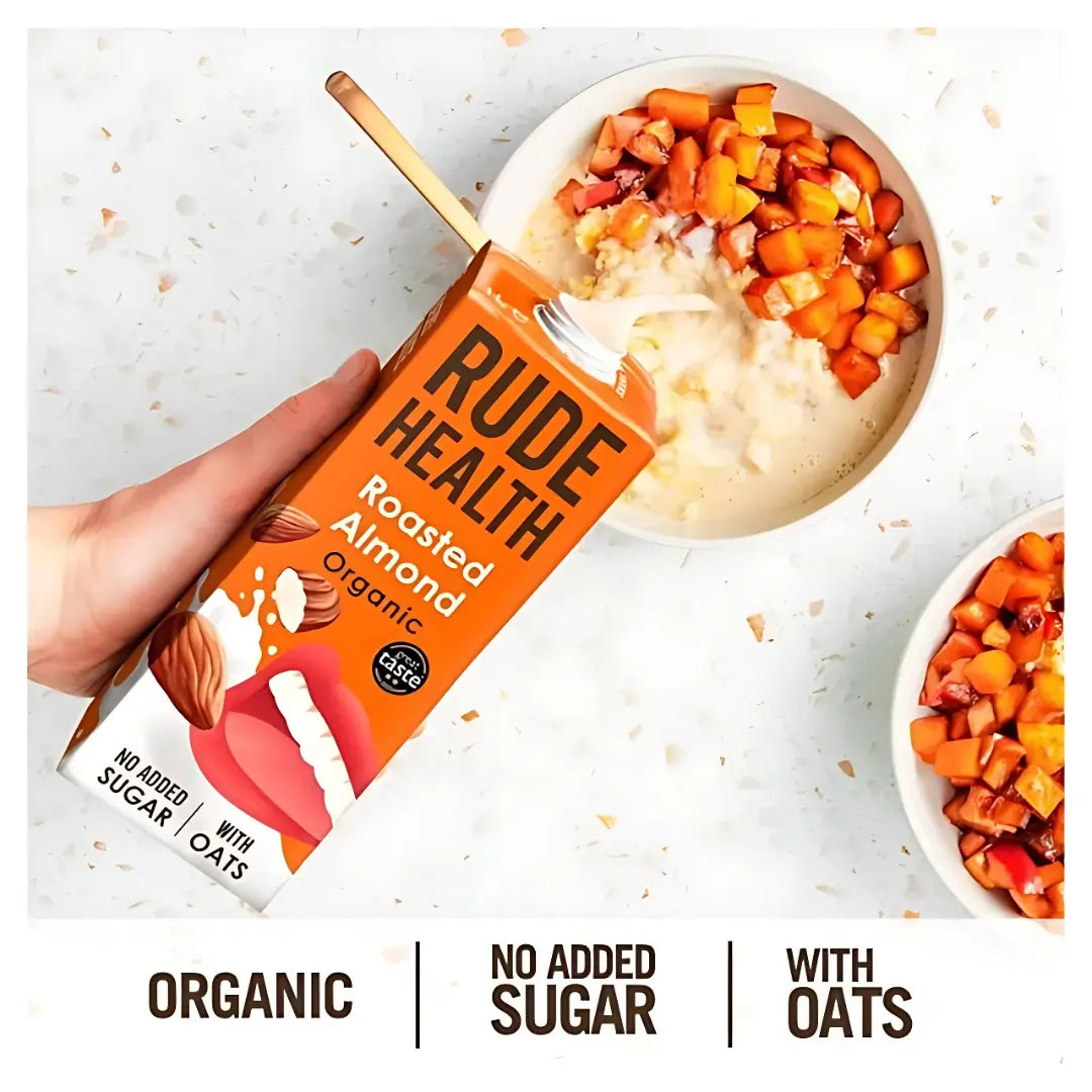 Rude Health Roasted Almond – organiczny napój roślinny z migdałów i owsa bez cukru, idealny do śniadania i owsianki
