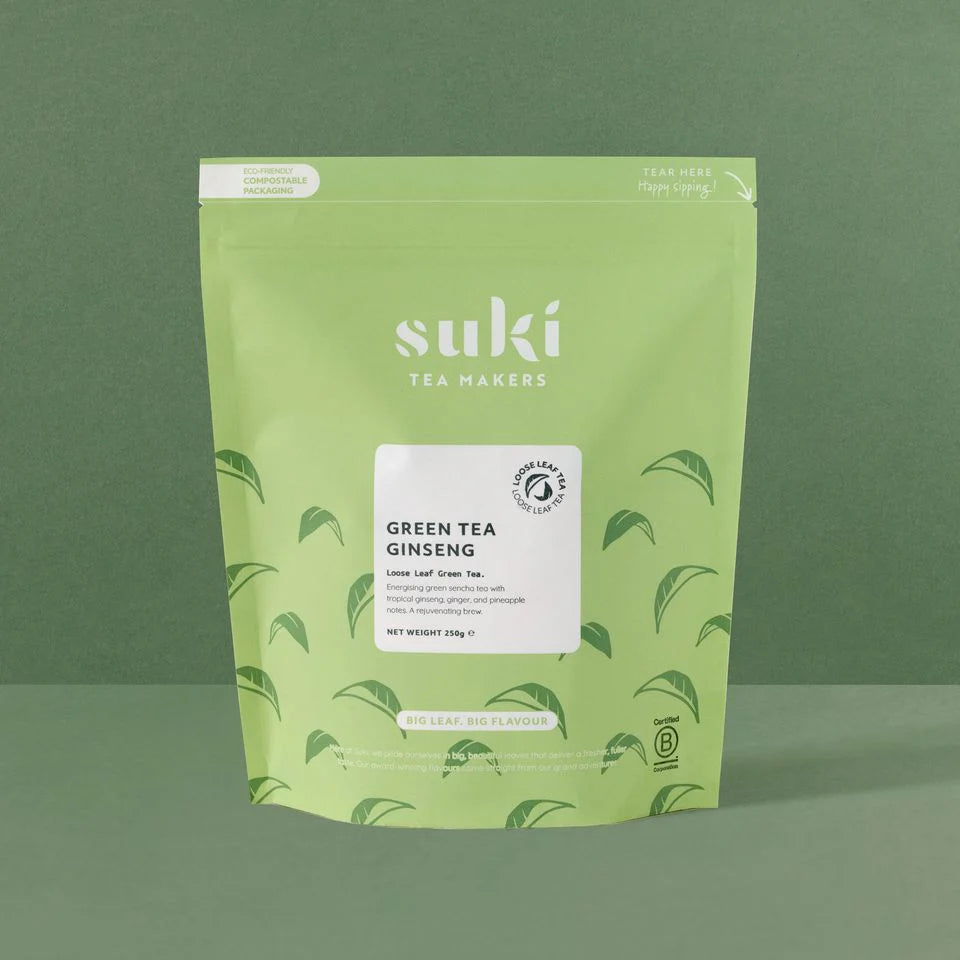 Herbata zielona Suki Tea Green Tea Ginseng 250 g – zielone opakowanie herbaty liściastej