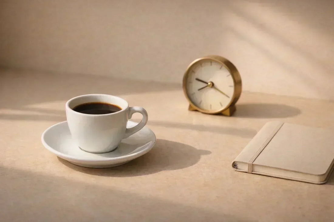 A cup of black coffee, a small clock, and a notebook on a light surface – a composition referencing coffee within the time window of intermittent fasting.