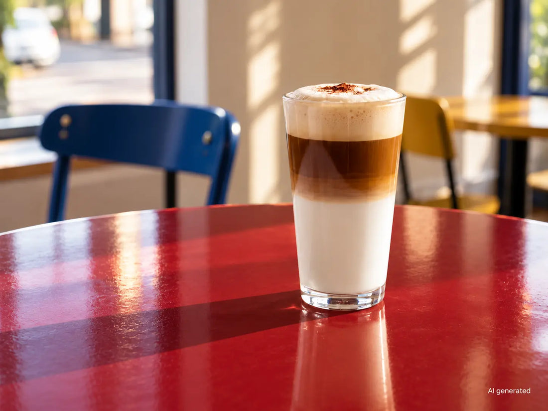 Latte macchiato z wyraźnymi warstwami mleka, espresso i pianki w wysokiej szklance na czerwonym stoliku
