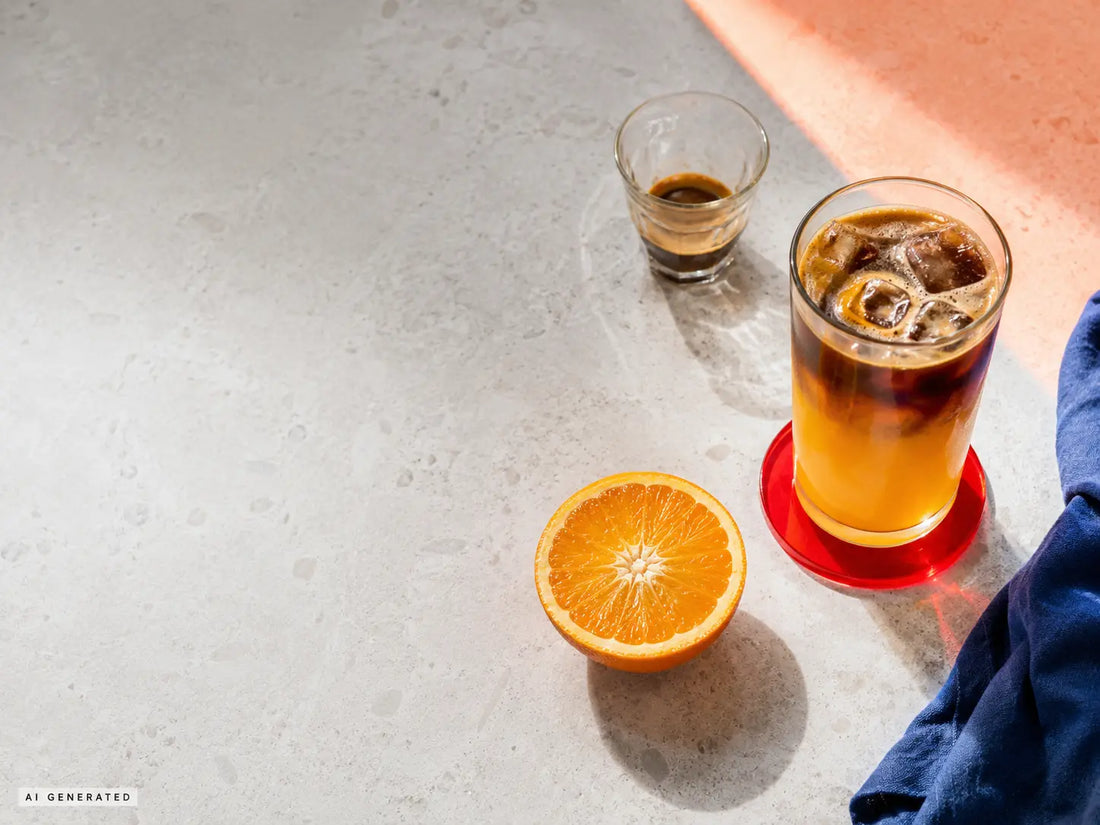 Orange espresso w szklance z widocznymi warstwami kawy i soku pomarańczowego na lodzie, obok przekrojona pomarańcza i shot espresso.