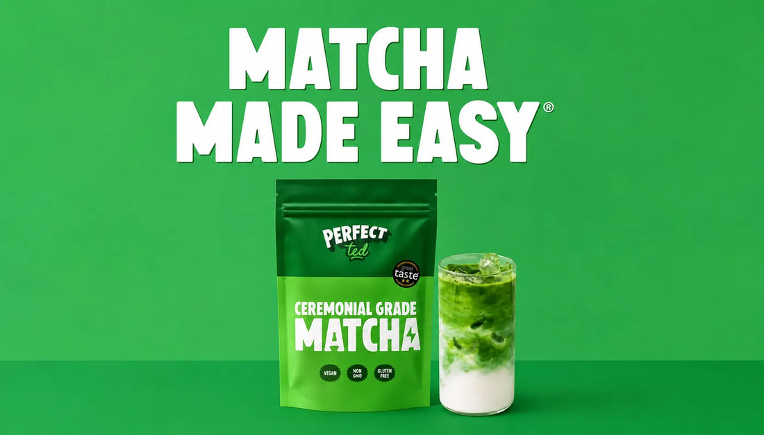 PerfectTed Ceremonial Grade Matcha on a green background next to a glass of matcha latte