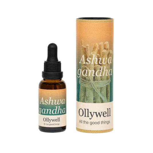 Ashwagandha Ollywell 30 ml — butelka ekstraktu z korzenia witanii ospałej z pipetą i kartonowa tuba na białym tle.
