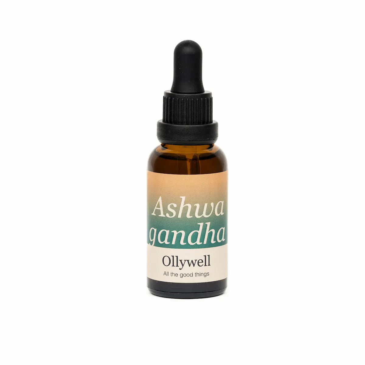 Ashwagandha Ollywell 30 ml — bursztynowa butelka ekstraktu z czarną pipetą na białym tle.