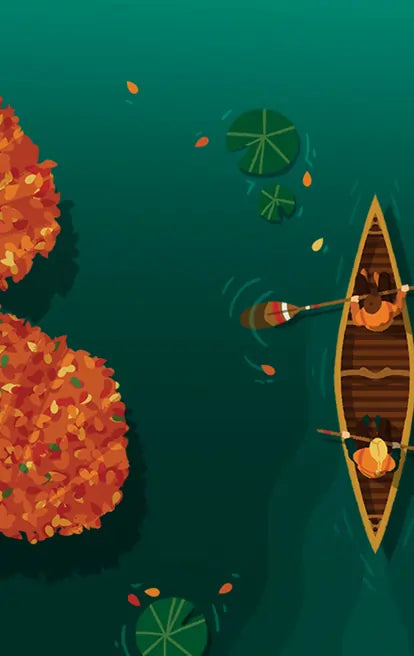 Ethiopia Chelektu – Listopadowa 2025 kawa miesiąca - jesienny baner z kajakiem, wersja mobilna.