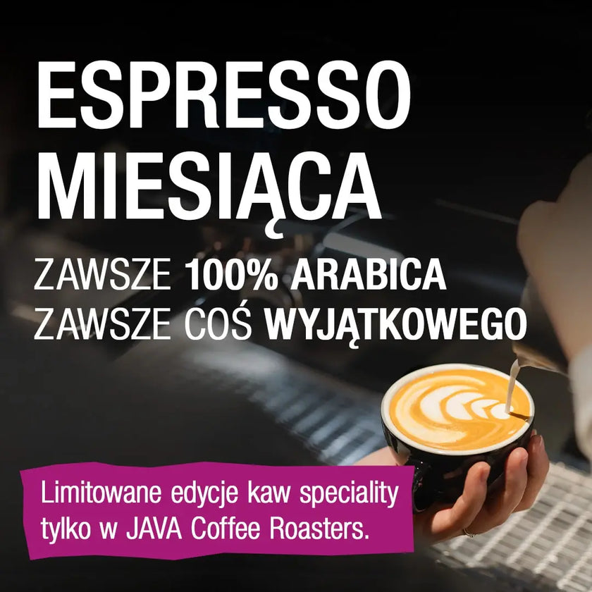 Baner Espresso Miesiąca na urządzenia mobilne – Zawsze 100% Arabica, zawsze coś wyjątkowego. Limitowane edycje kaw speciality tylko w JAVA Coffee Roasters. Na obrazku filiżanka kawy z latte art.