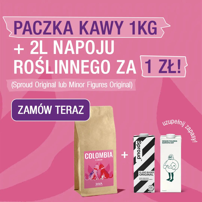  Różowy baner promocyjny, wersja mobilna, z ofertą: „Paczka kawy 1 kg + 2L napoju roślinnego za 1 zł!”. W ofercie dostępne napoje Sproud Original lub Minor Figures Original. Po lewej stronie znajduje się przycisk „ZAMÓW TERAZ”. Po prawej stronie widoczna jest torebka kawy Java Colombia oraz dwa kartony napojów roślinnych. W rogu napis „uzupełnij zapasy!”