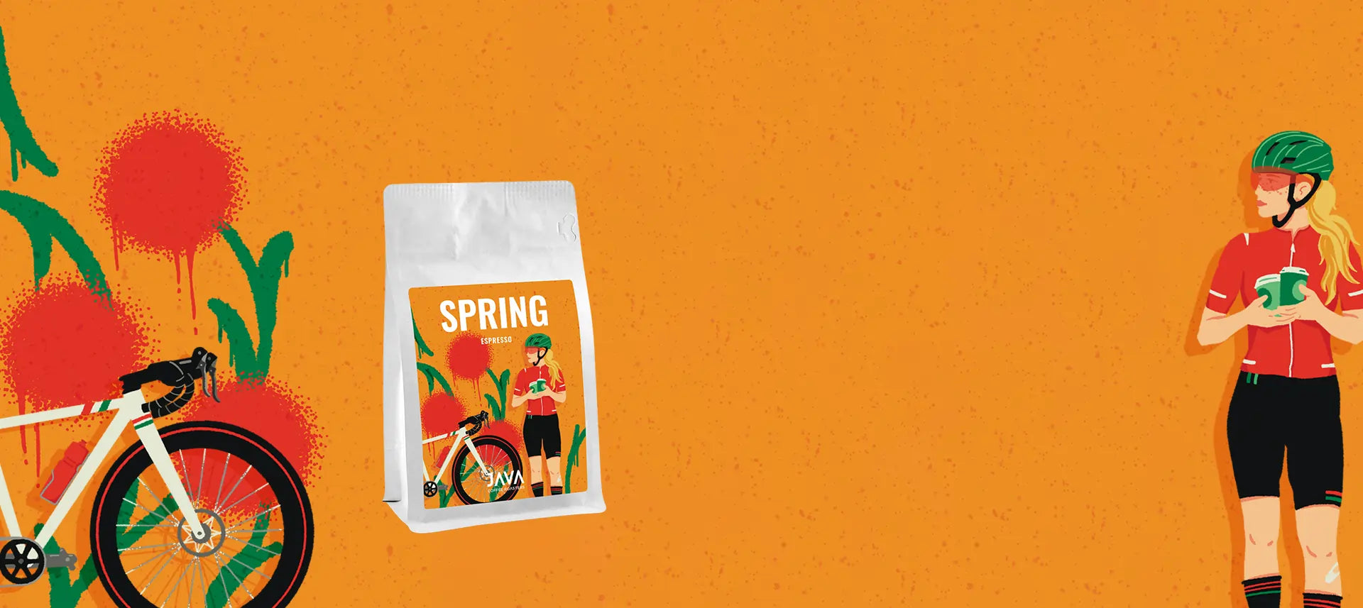 Kawa JAVA Spring Espresso – opakowanie z ilustracją roweru i rowerzystki, wiosenny motyw