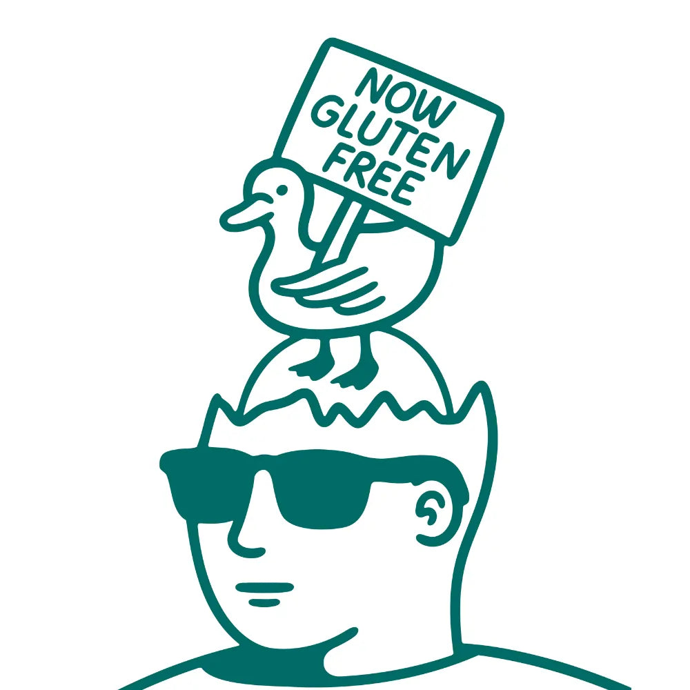Oatly napój owsiany bezglutenowy – ilustracja Now Gluten Free z kaczką stojącą na głowie w okularach przeciwsłonecznych i skorupce jajka.