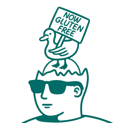 Oatly napój owsiany bezglutenowy – ilustracja Now Gluten Free z kaczką stojącą na głowie w okularach przeciwsłonecznych i skorupce jajka.