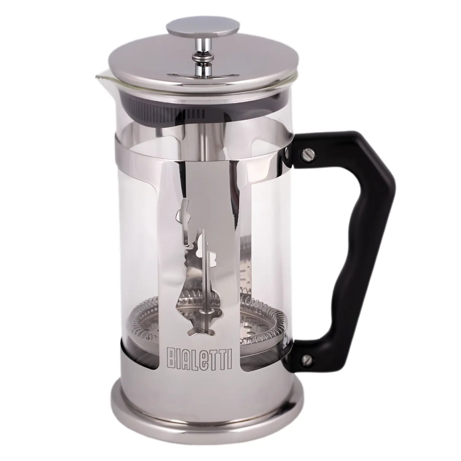 French press Bialetti do kawy i herbaty ze szkła i stali nierdzewnej, zaparzacz tłokowy z czarną rączką