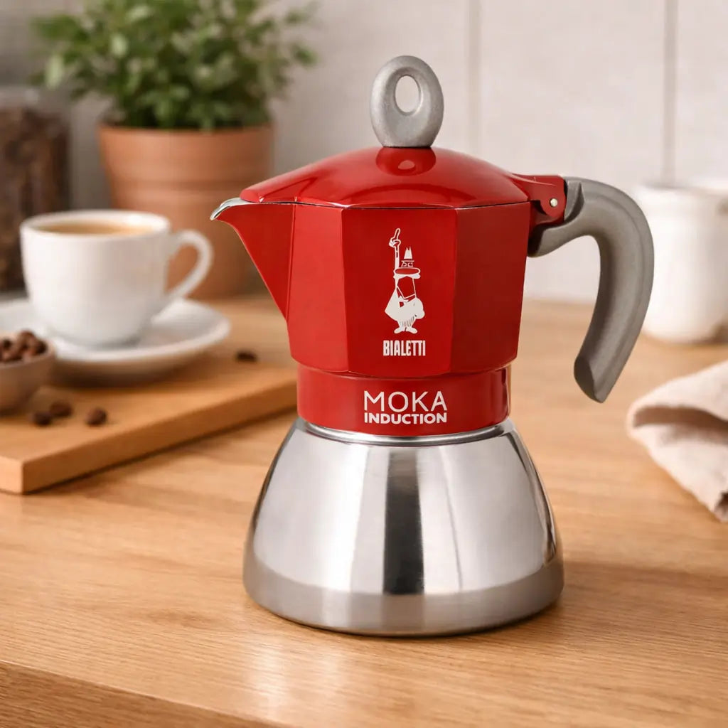 Czerwona kawiarka Bialetti Moka Induction na blacie kuchennym, lifestyle zdjęcie produktu