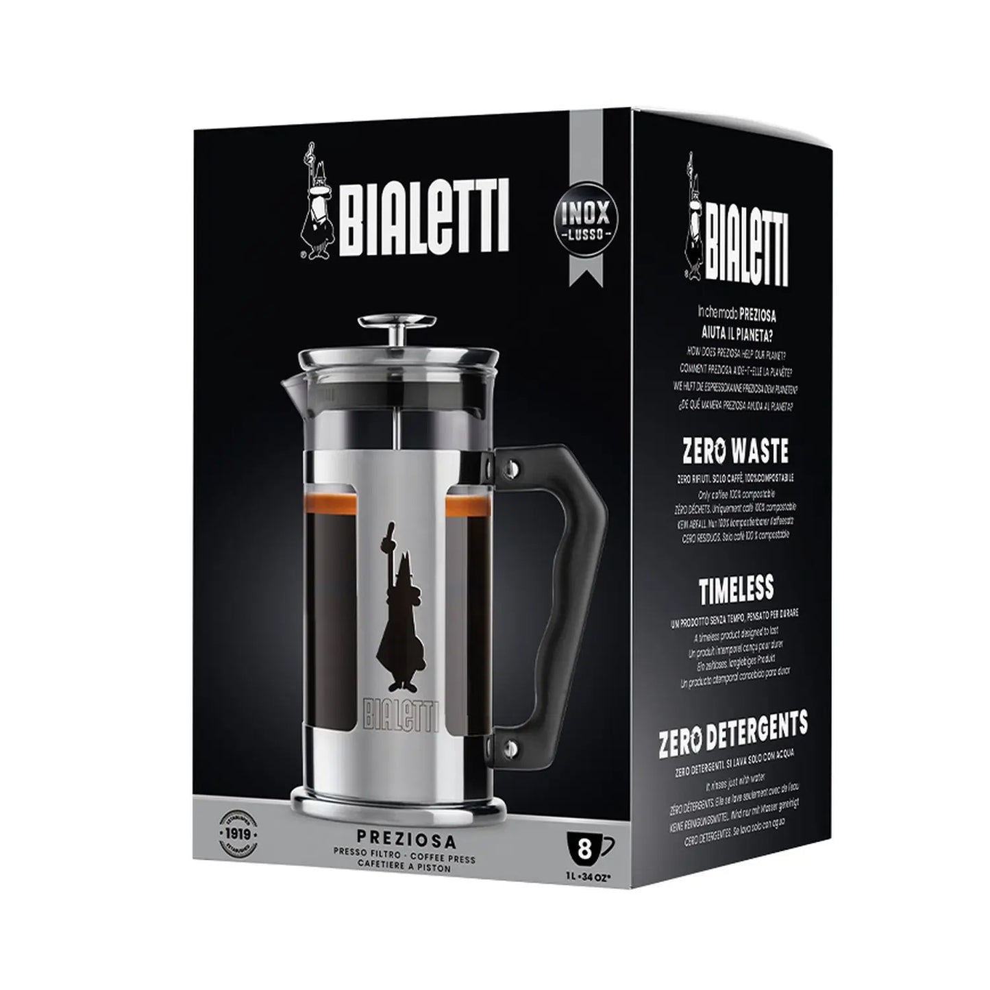 Opakowanie french press Bialetti Preziosa Omino 1000 ml, zaparzacz tłokowy do kawy ze stali nierdzewnej i szkła