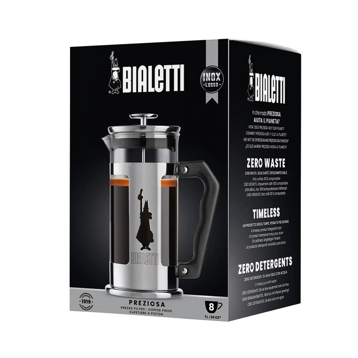 Opakowanie french press Bialetti Preziosa Omino 1000 ml, zaparzacz tłokowy do kawy ze stali nierdzewnej i szkła
