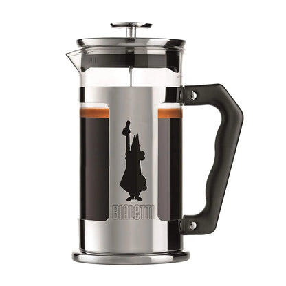 French press Bialetti Preziosa Omino 1000 ml z zaparzoną kawą, szklany zaparzacz tłokowy ze stali nierdzewnej z czarną rączką, packshot
