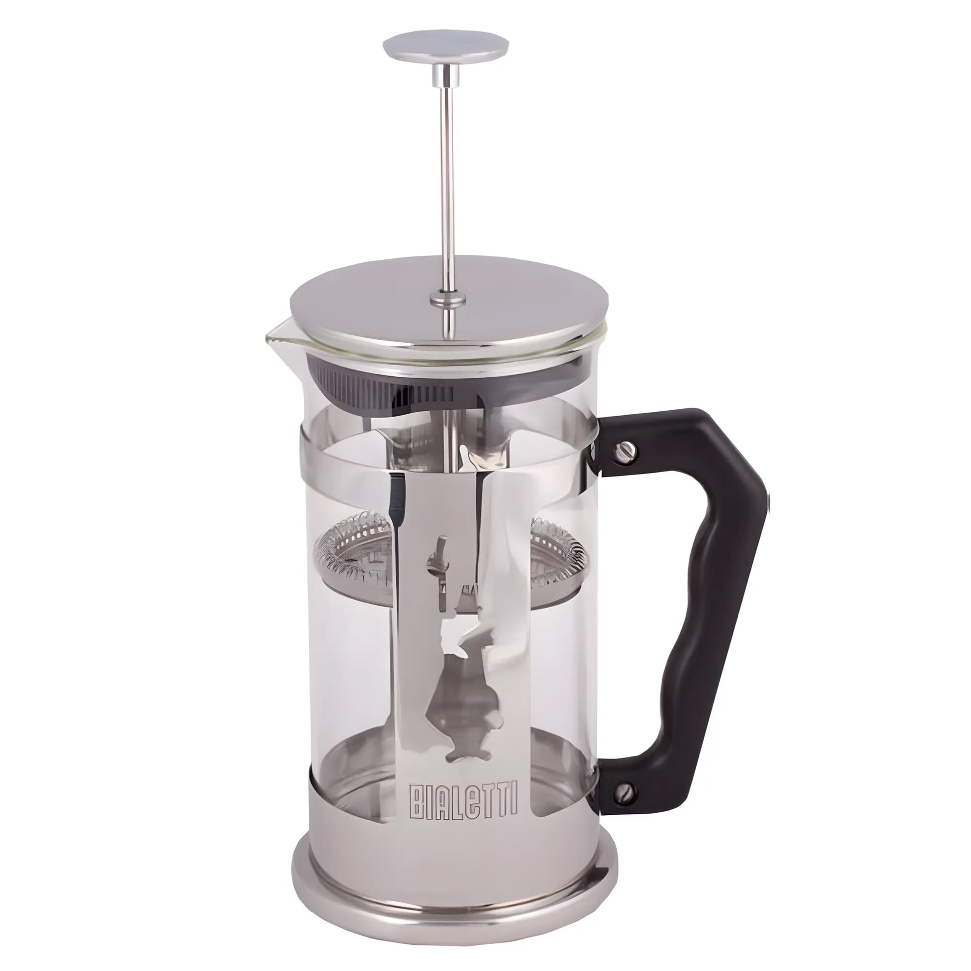 French press Bialetti Preziosa Omino 1000 ml do kawy i herbaty, szklany zaparzacz tłokowy ze stali nierdzewnej z czarną rączką