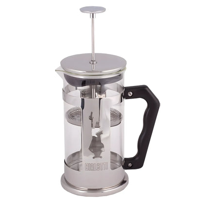 French press Bialetti Preziosa Omino 1000 ml do kawy i herbaty, szklany zaparzacz tłokowy ze stali nierdzewnej z czarną rączką