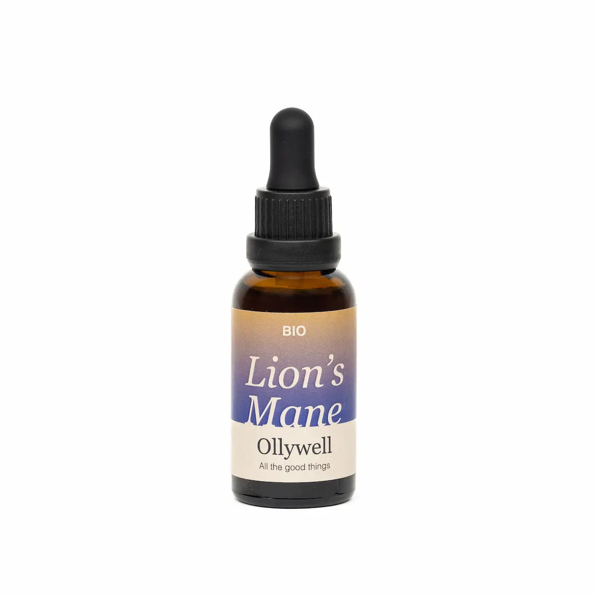 BIO Lion’s Mane Ollywell – ekstrakt z soplówki jeżowatej w bursztynowej butelce z pipetą na białym tle.