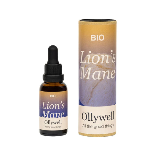 BIO Lion’s Mane Ollywell – ekstrakt z soplówki jeżowatej w butelce z pipetą obok cylindrycznego opakowania na białym tle.