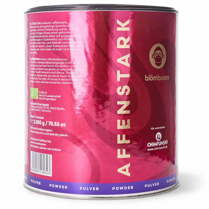 Blömboom Dark Hot Chocolate Powder 2 kg – opakowanie puszka tył, skład i wartości odżywcze, packshot na jasnym tle