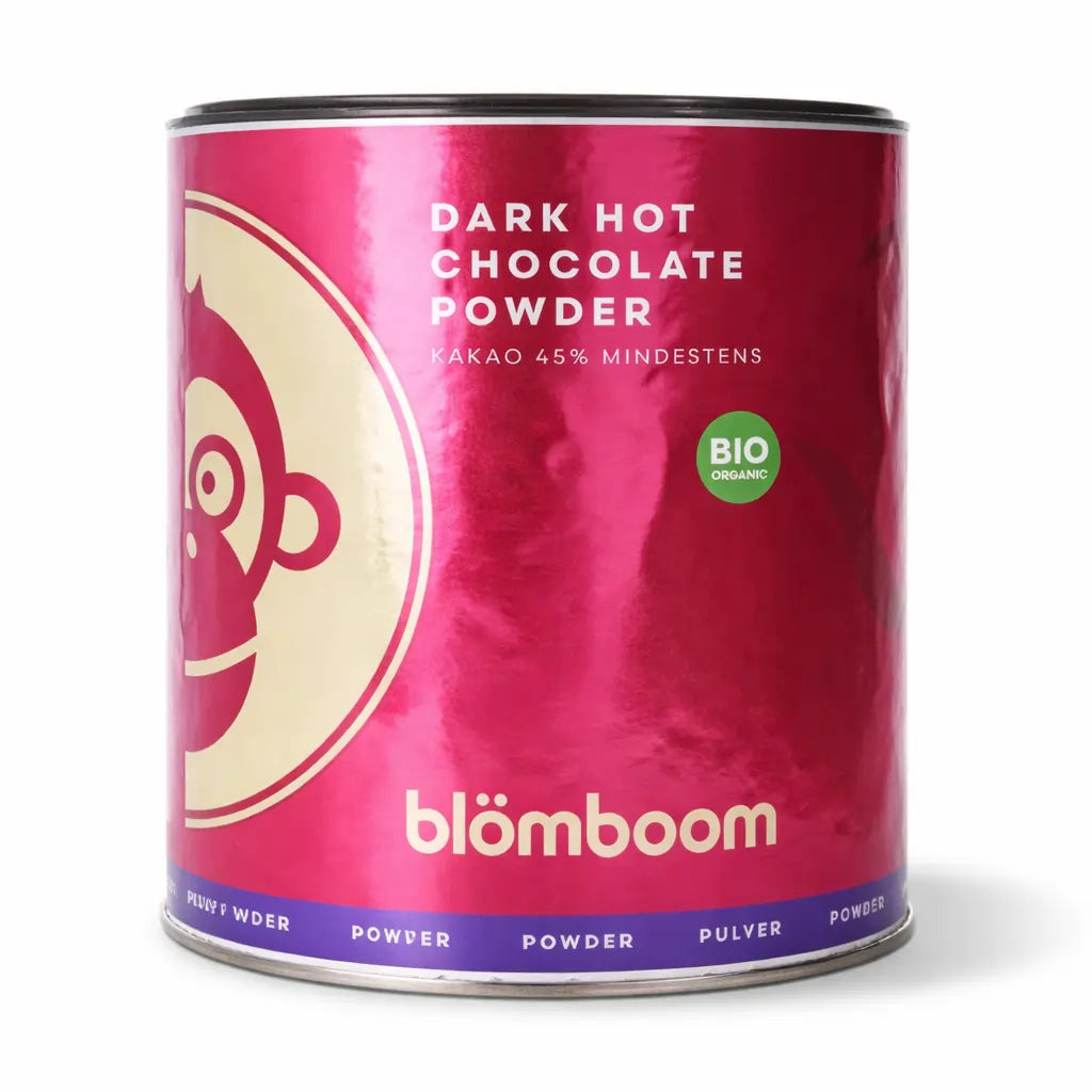 Blömboom Dark Hot Chocolate Powder – gorąca czekolada BIO 45% kakao, puszka, packshot front na jasnym tle
