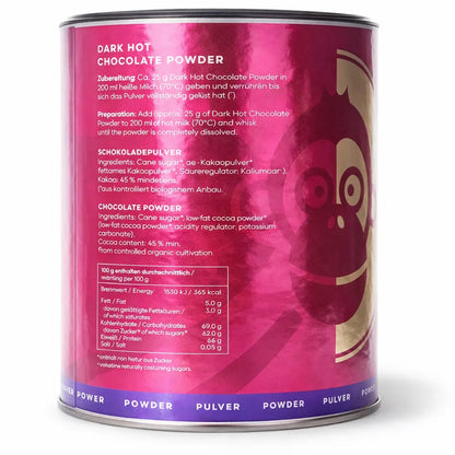 Blömboom Dark Hot Chocolate Powder – gorąca czekolada BIO 45% kakao, skład i wartości odżywcze, puszka tył packshot