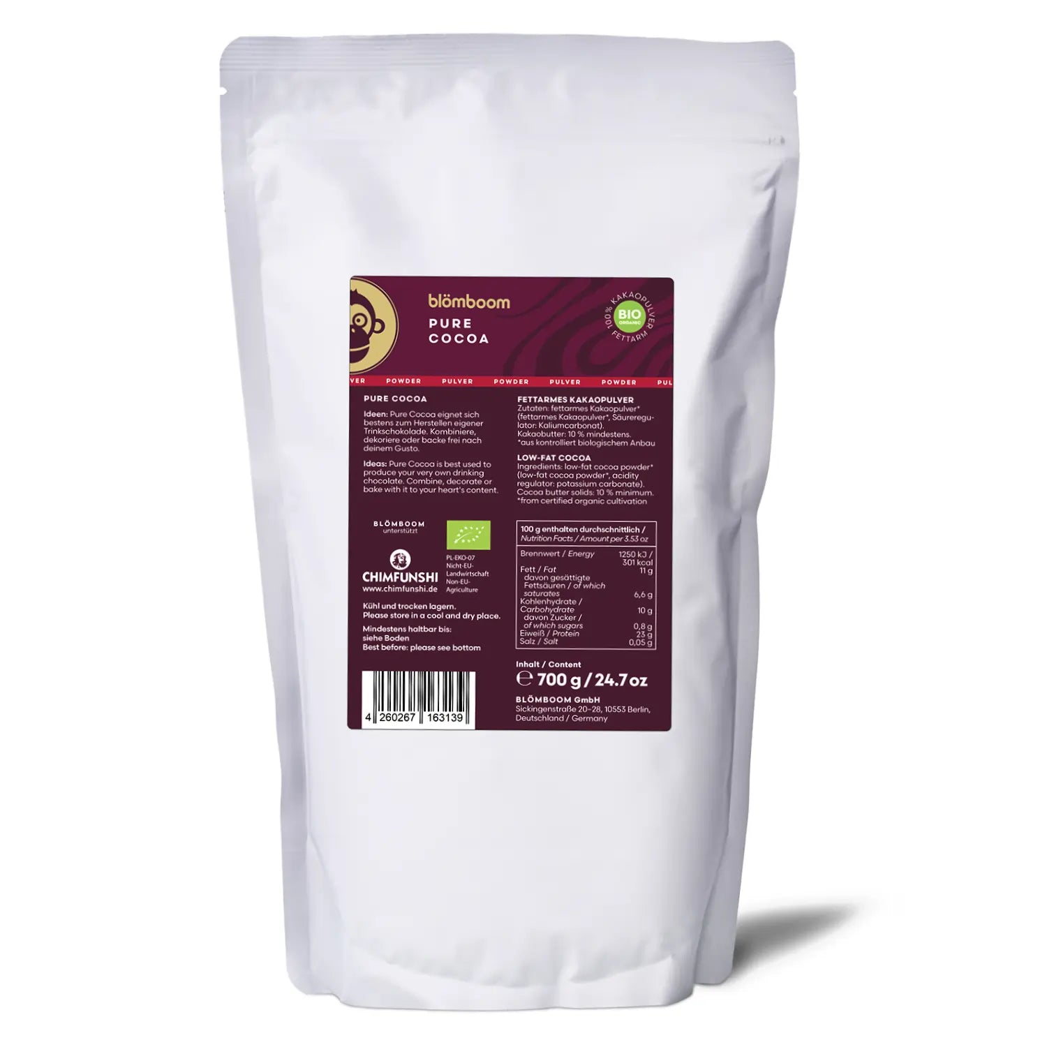 Ekologiczne kakao Blömboom Pure Cocoa 700g – bio kakao w proszku bez dodatków, niskotłuszczowe, idealne do czekolady i wypieków