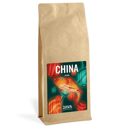 Opakowanie kawy specialty China Fuyan 1 kg od JAVA Coffee Roasters – packshot produktu na białym tle z etykietą kolekcji China