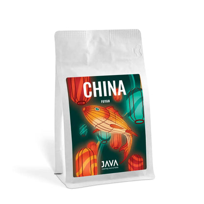 Opakowanie kawy specialty China Fuyan 250 g od JAVA Coffee Roasters – packshot produktu na białym tle z etykietą kolekcji China