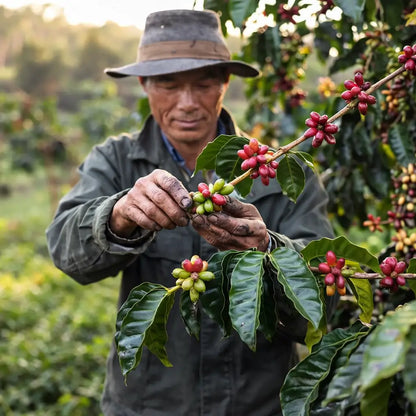 Ręczny zbiór wiśni kawowych na plantacji kawy w regionie Fuyan w Chinach – farmer selekcjonujący dojrzałe owoce bezpośrednio na krzewie