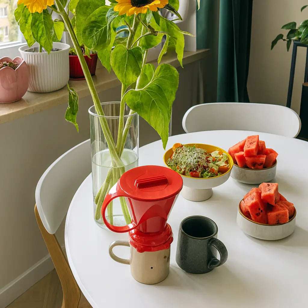 Coral Red Clever Dripper na kubku ceramicznym w domowym otoczeniu – stół z kwiatami słonecznika, miską sałatki i kawałkami arbuza, jasne naturalne światło, lifestyle zdjęcie produktowe.