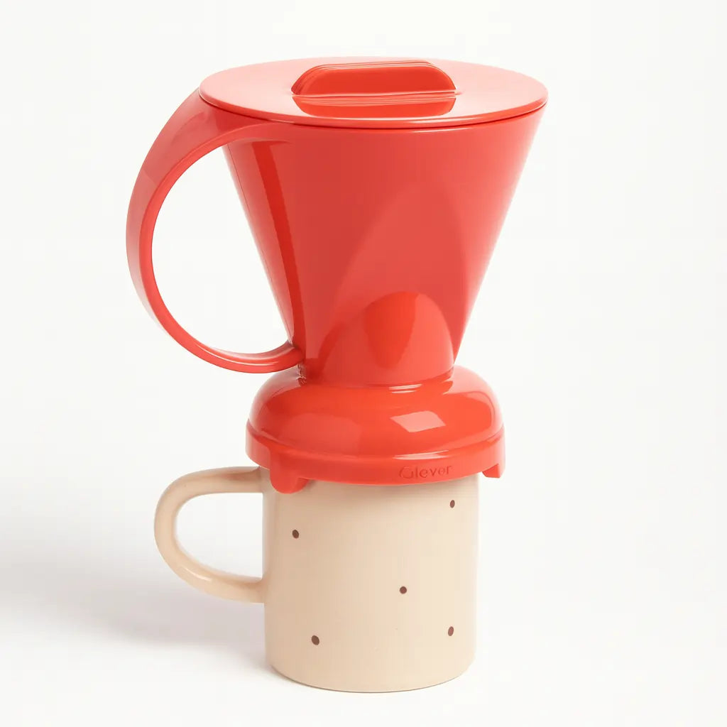 Coral Red Clever Dripper na kubku ceramicznym – minimalistyczne zdjęcie produktowe na białym tle, idealne do sklepu internetowego.