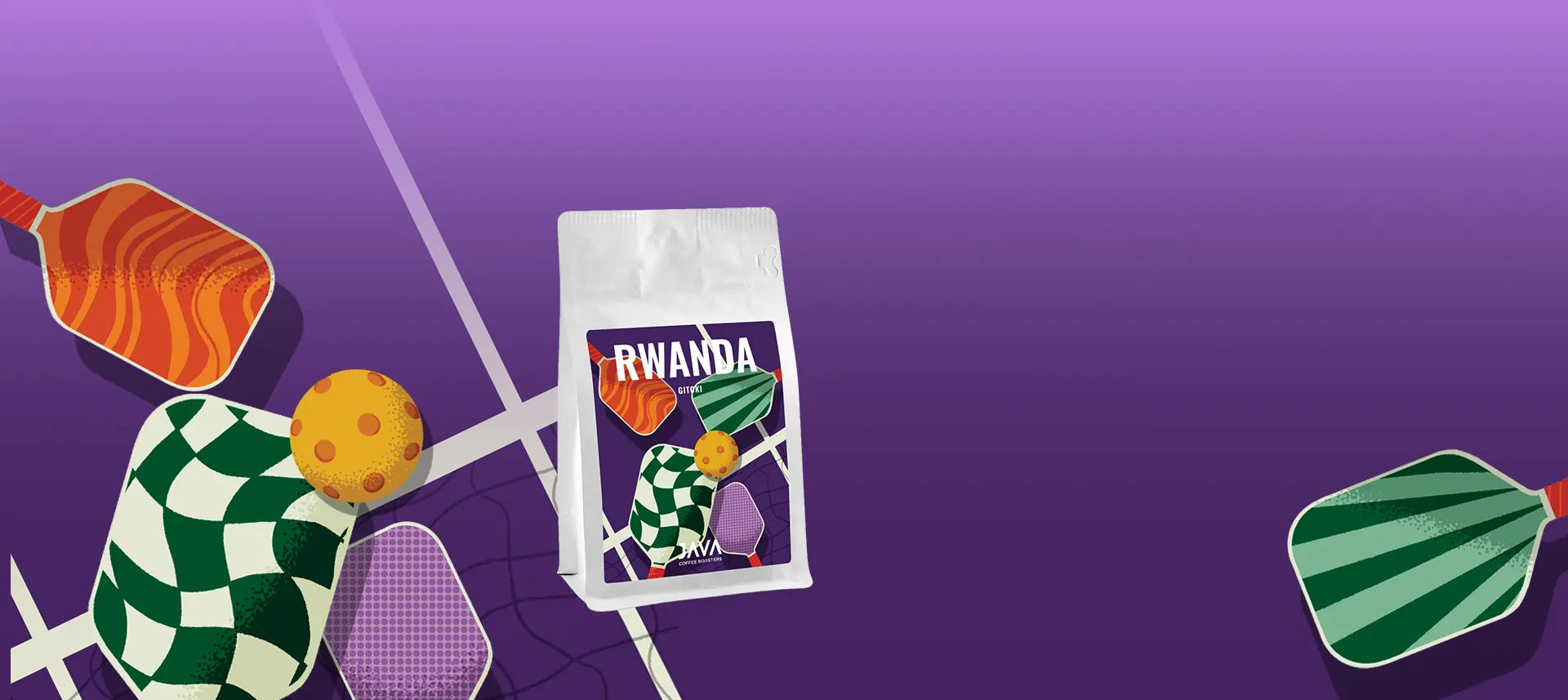 opakowanie kawy Rwanda Gitoki JAVA Coffee Roasters na fioletowym tle