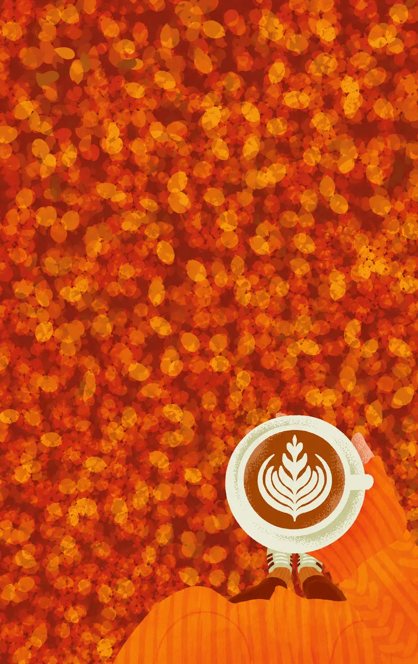 Jesienna ilustracja filiżanki kawy z latte art na tle pomarańczowych i czerwonych liści