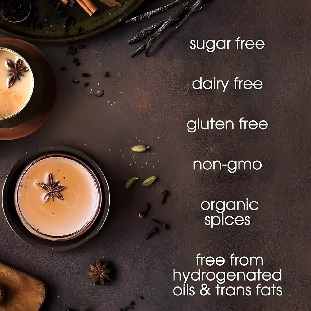 David Rio Flamingo Vanilla Chai – grafika z cechami produktu: bez cukru, bez nabiału, bez glutenu, non-GMO, organiczne przyprawy, bez tłuszczów utwardzonych i trans