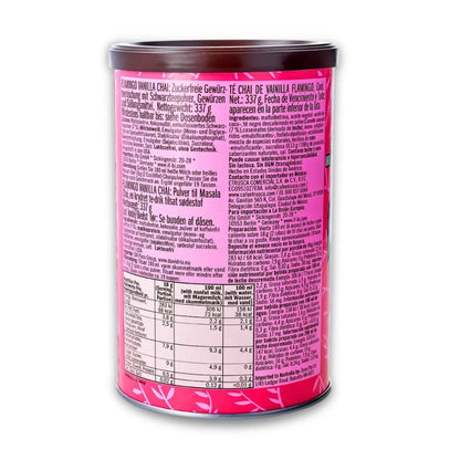 David Rio Flamingo Vanilla Chai – tył opakowania z informacjami o składnikach, tabelą wartości odżywczych i instrukcjami w kilku językach