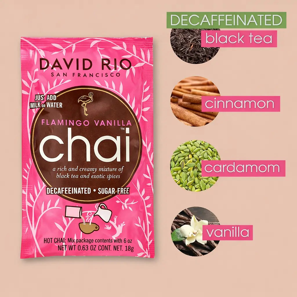 Flamingo Vanilla Chai David Rio – bezkofeinowa i bezcukrowa saszetka chai latte z wanilią, cynamonem, kardamonem i czarną herbatą bezkofeinową