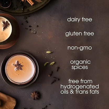 David Rio Tiger Spice Chai Decaffeinated – grafika z cechami produktu: bez nabiału, bez glutenu, non-GMO, organiczne przyprawy, bez tłuszczów utwardzonych i trans