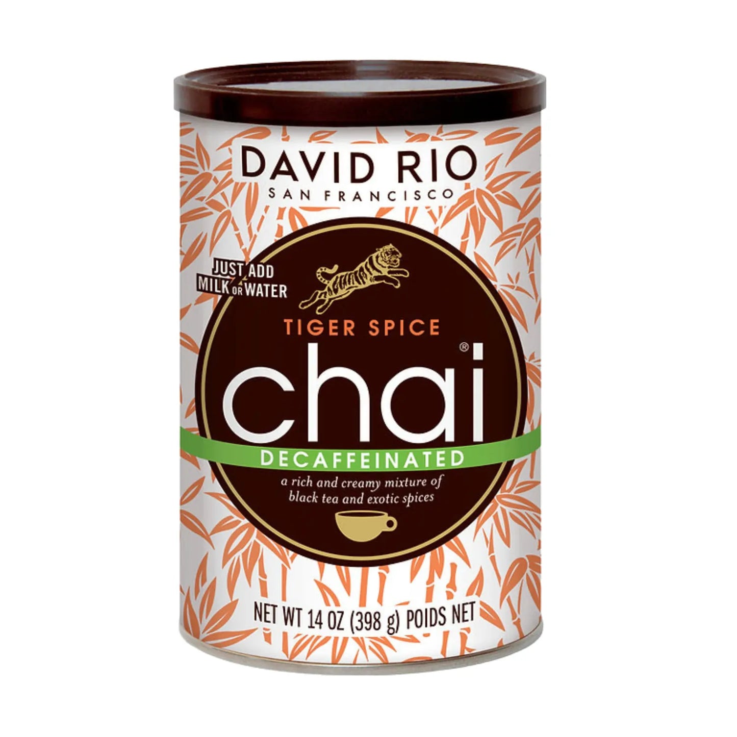 David Rio Tiger Spice Chai Decaffeinated 398 g – bezkofeinowa herbata chai o korzennym smaku, packshot frontu opakowania
