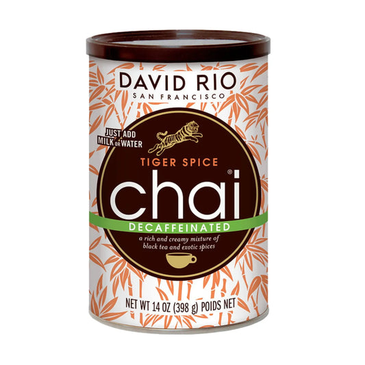 David Rio Tiger Spice Chai Decaffeinated 398 g – bezkofeinowa herbata chai o korzennym smaku, packshot frontu opakowania
