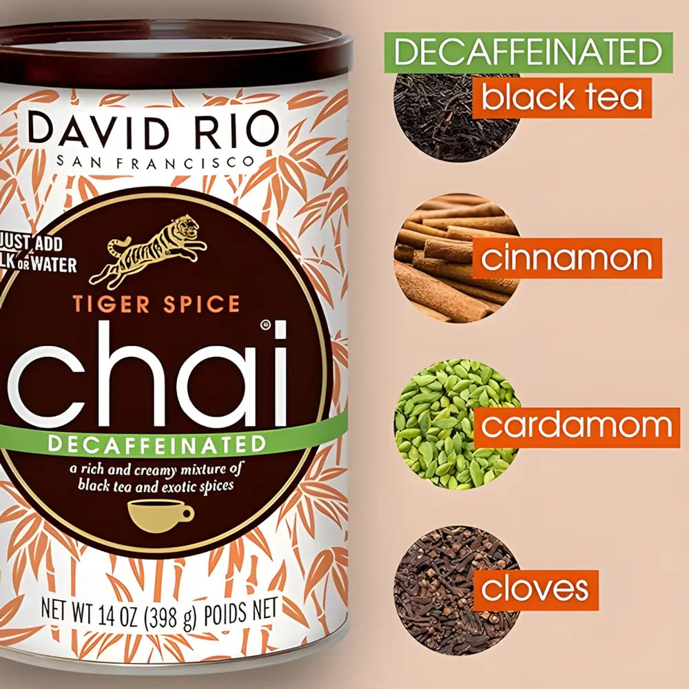 David Rio Tiger Spice Chai Decaffeinated – bezkofeinowa mieszanka chai z czarną herbatą, cynamonem, kardamonem i goździkami