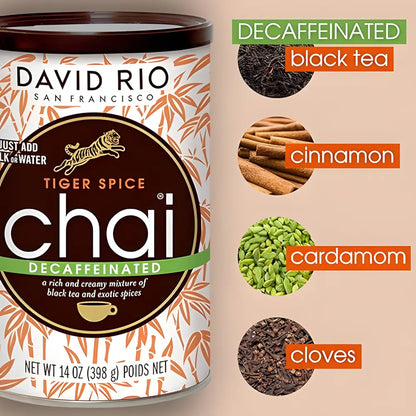 David Rio Tiger Spice Chai Decaffeinated – bezkofeinowa mieszanka chai z czarną herbatą, cynamonem, kardamonem i goździkami