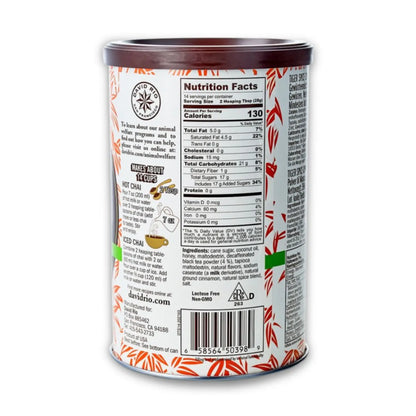 David Rio Tiger Spice Chai Decaffeinated 398 g – tył opakowania z tabelą wartości odżywczych, składem i instrukcją przygotowania