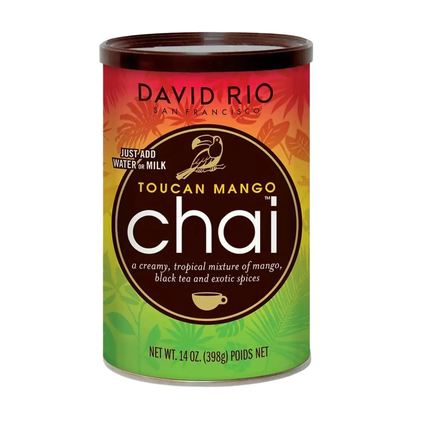 David Rio Toucan Mango Chai 398 g – napój chai o smaku mango z czarną herbatą i korzennymi przyprawami w kolorowej puszce