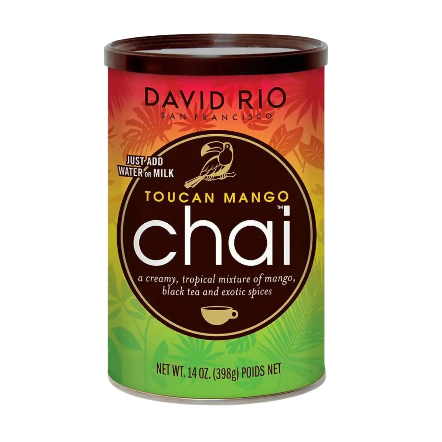 David Rio Toucan Mango Chai 398 g – napój chai o smaku mango z czarną herbatą i korzennymi przyprawami w kolorowej puszce