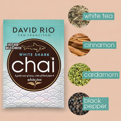White Shark Chai David Rio – saszetka chai latte z białą herbatą oraz przyprawami: cynamonem, kardamonem i czarnym pieprzem, składniki produktu.