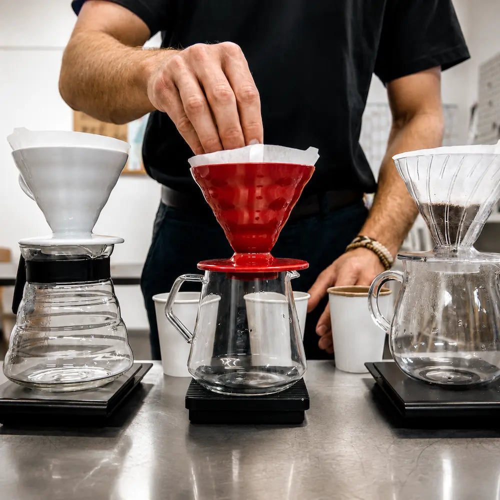 Przygotowanie dripperów V60 do parzenia kawy podczas szkolenia Home Barista. Nauka metod przelewowych z wykorzystaniem papierowych filtrów i profesjonalnych akcesoriów do kawy.