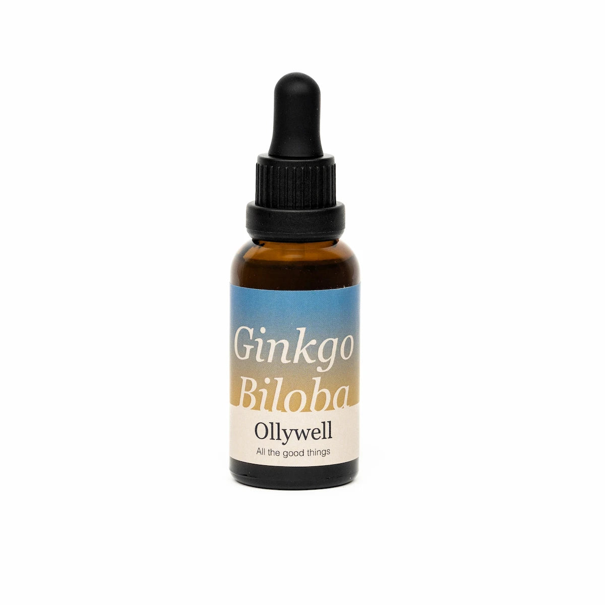 Ginkgo Biloba Ollywell 30 ml — ekstrakt z miłorzębu japońskiego w bursztynowej butelce z pipetą na białym tle.
