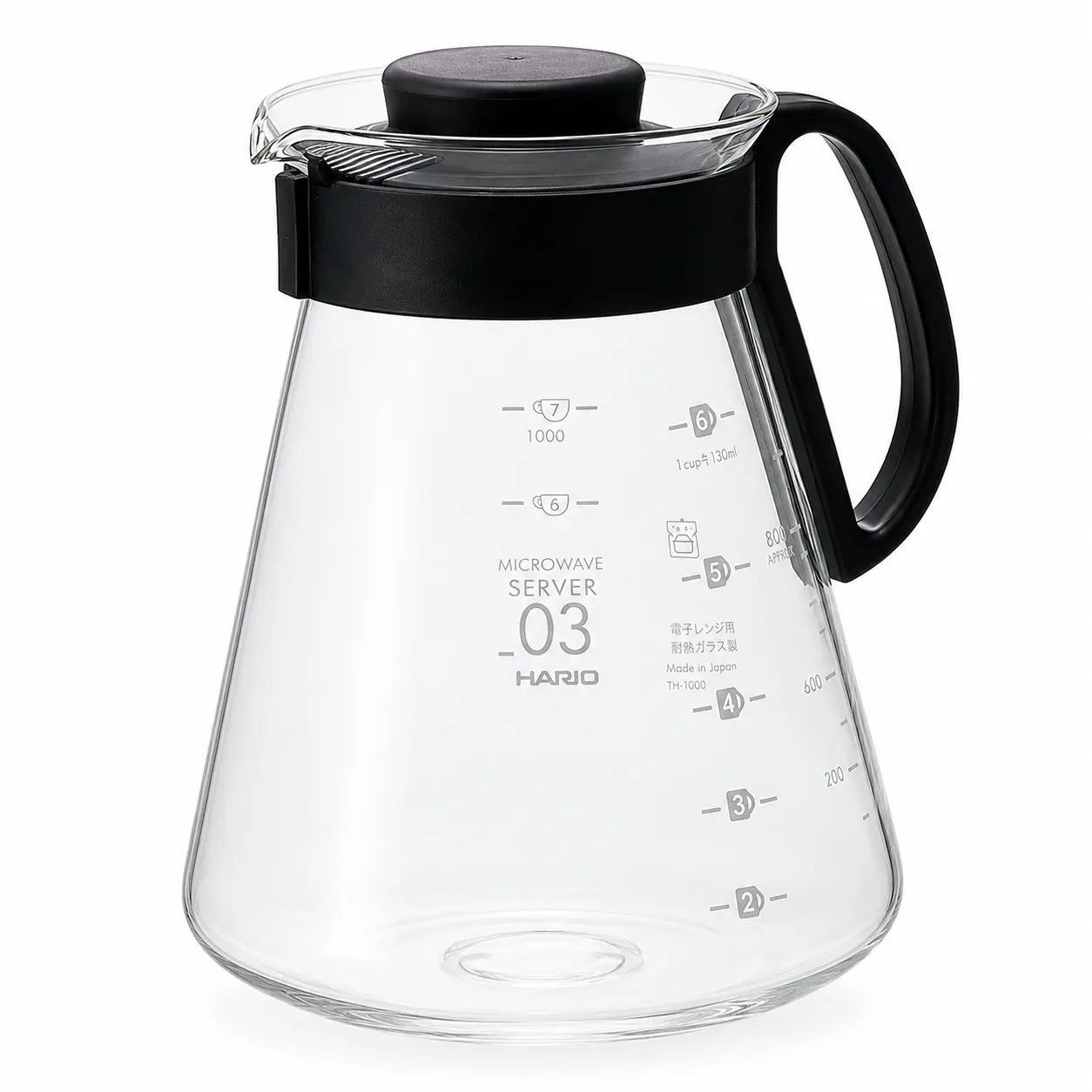Hario V60 Range Server 03 800 ml – szklany serwer do kawy z czarną pokrywką i uchwytem